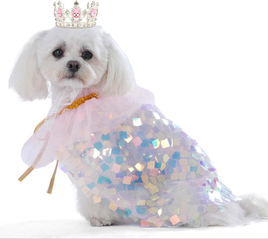 Dog Princess Dress Costume with Rhinestones Crown,Pet Cat Cape Cloak Birthday Party Wedding Dress Up Outfits,Rainbow Mermaid Halloween Costume Clothes (X-Small to X-Large)