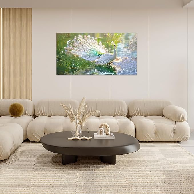 Large White Peacock Wall Art for Living Room Lake Colorful Peacock in Full Bloom Art Big Space Size Framed Bird Canvas Prints Pictures Painting Artwork Office Bedroom Home Decor 60"x30"