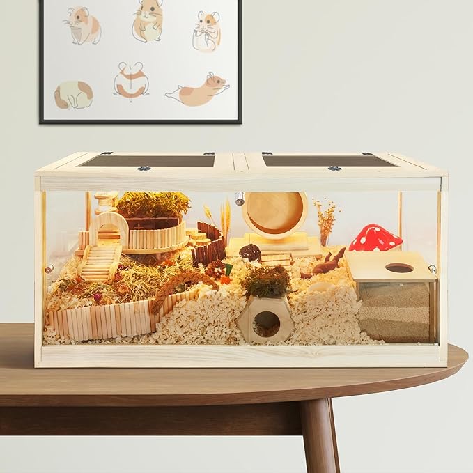 Hamster Cage with Openable Metal Mesh Top,Hamster Enclosure and Gerbil Cage with Clear Panels for Hamster Habitat,Solid Built with Lock Design (40“x20”x20)