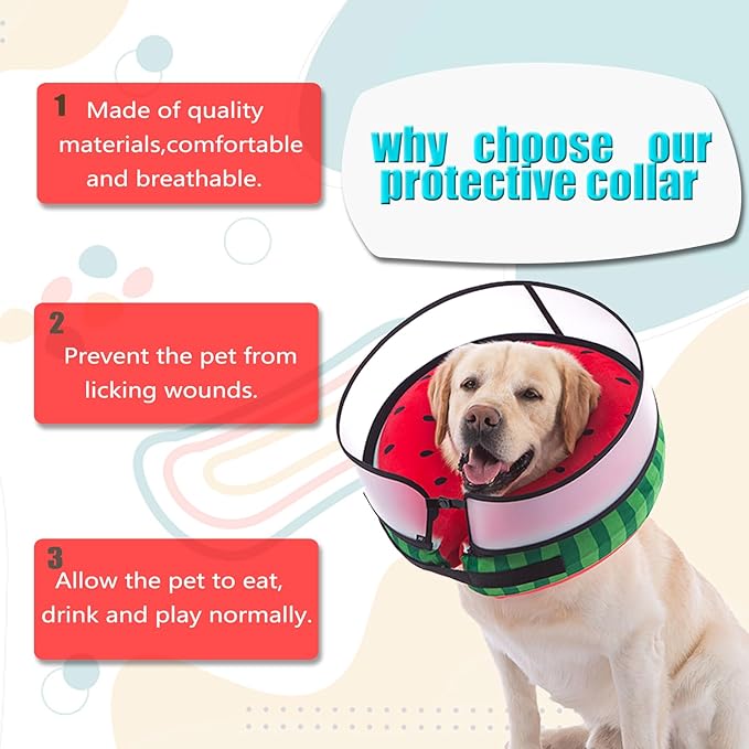 Inflatable Dog Cone Collar with Enhanced Anti-Licking, Soft Neck Donut for Dogs Cats, Recovery Pet Cone Collar After Surgery for Large Medium Small Dogs… (Watermelon, Large)