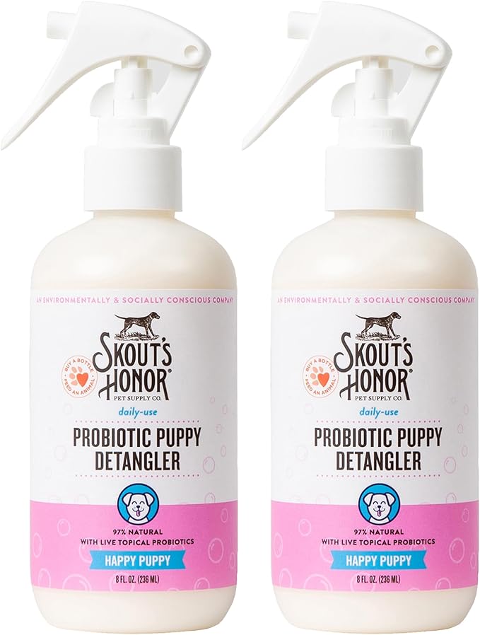 Skout's Honor Pet Detangler Spray - Hydrating & Conditioning with Avocado Oil & Probiotics, 97% Natural, Paraben & Sulfate-Free, softens for a More brushable Coat, Daily Use, 8oz, Happy Puppy, 2-Pack