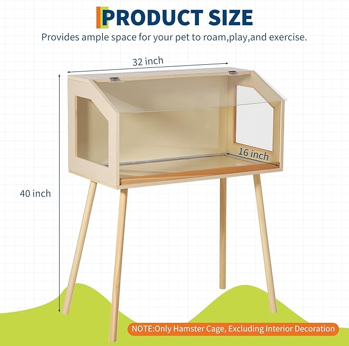 Hamster Cage with Legs, 32" L x 16" W x 40" H Large Hamster Habitats Enclosure with Acrylic Window & Openable Top,Small Animal Cage Chew Proof for Guinea Pig, Chinchilla, Gerbil