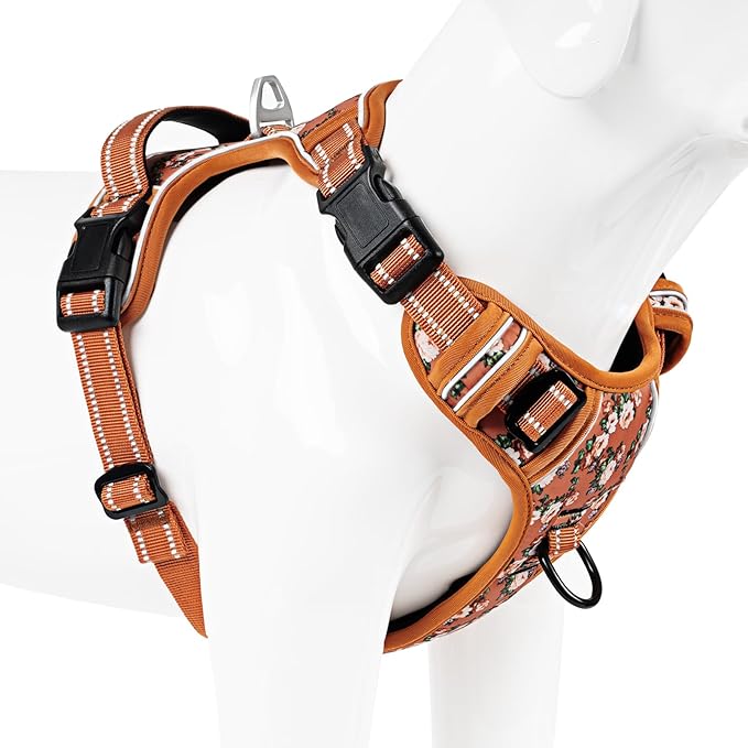 Timos Dog Harness for Large Dogs, No Pull Service Vest with Reflective Strips and Control Handle,No Choke Dog Harness with 2 Metal Rings for Easy Walking,Outdoor Training,Flower Orange, L