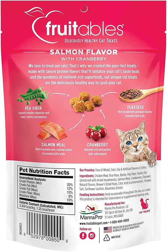 Fruitables Cat Crunchy Treats For Cats – Healthy Low Calorie Packed with Protein – No Wheat, Corn or Soy – Made with Real Salmon with Cranberry – 2.5 Ounces