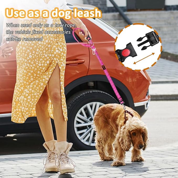 Removable Dog Seat Belt Harness for Car, 3 in 1 Pet Dog Car Seatbelt Leash, Retractable Restraint Secures to Vehicle Headrest & Adjustable Reflective Bungee Dog Seatbelt Tether, Rose and Black