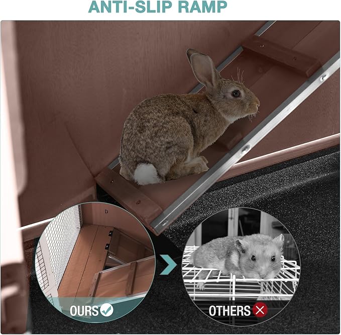 Rabbit Hutch Indoor Bunny House Guinea Pig Cage with Sliding Plastic Trays, Wheels & Ramp, 47.2" Multi-Door Wooden Small Animal Cage for Rabbits, Bunnies, and Guinea Pigs (Brown)
