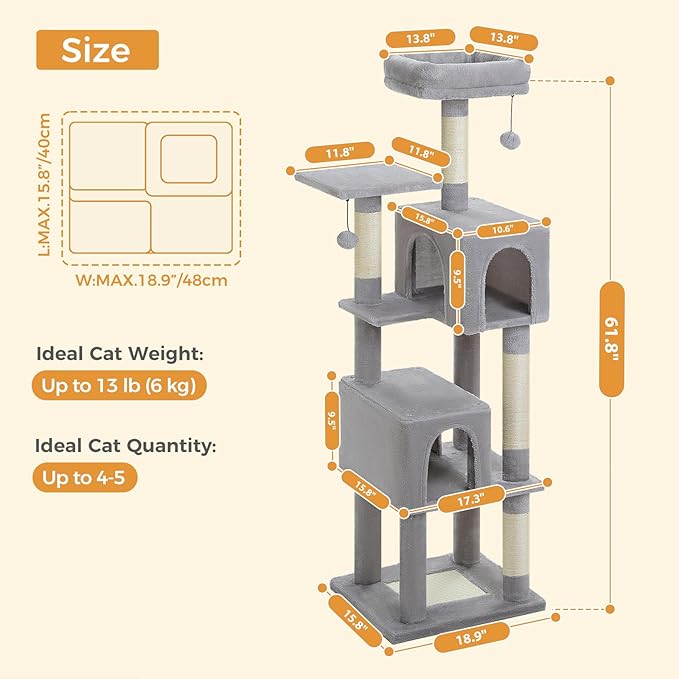Cat Tree for Indoor Cats, 62-Inch Multi-Level Cat Tower with Scratching Posts for Large Cats, 2 Bigger Plush Condos, Padded Platform, Soft Cat Bed and Scratching Pad, 2 Pompoms, Gray