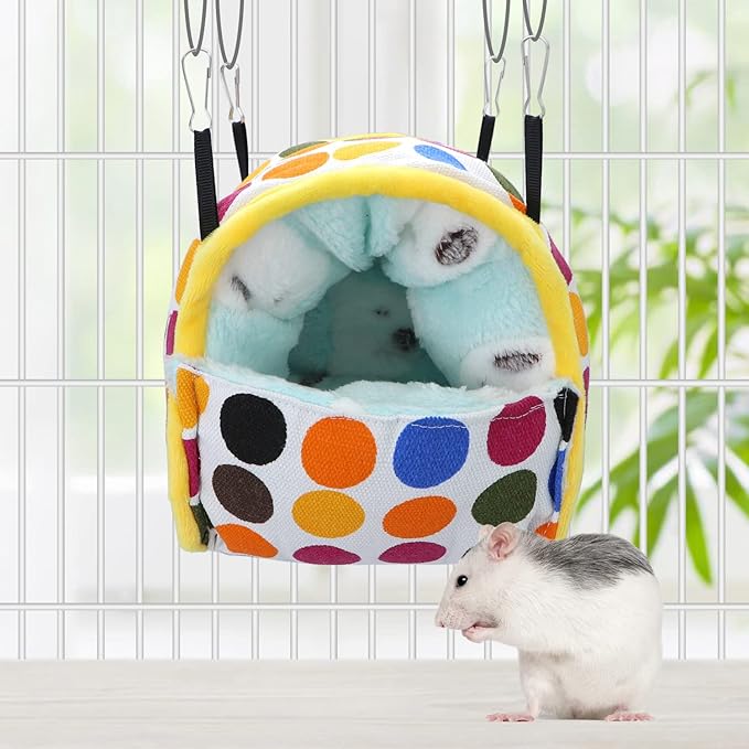 Wontee Hamster Bed Hideout Sugar Glider Hammock Small Animal Warm Bed House for Hamsters Hedgehogs Sugar Glider Gerbils Mice (Large, Colorful Dots)