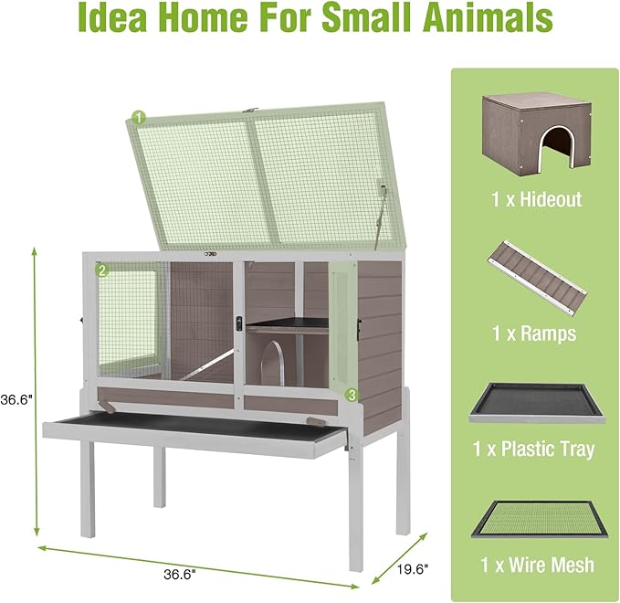 GUTINNEEN Rabbit Hutch Guinea Pig Cages Indoor with Stand Wooden Small Animals Cage Hutch Hamster Cage with Hideout,Pull Out Tray, Anti Chew Ramp(Brown)