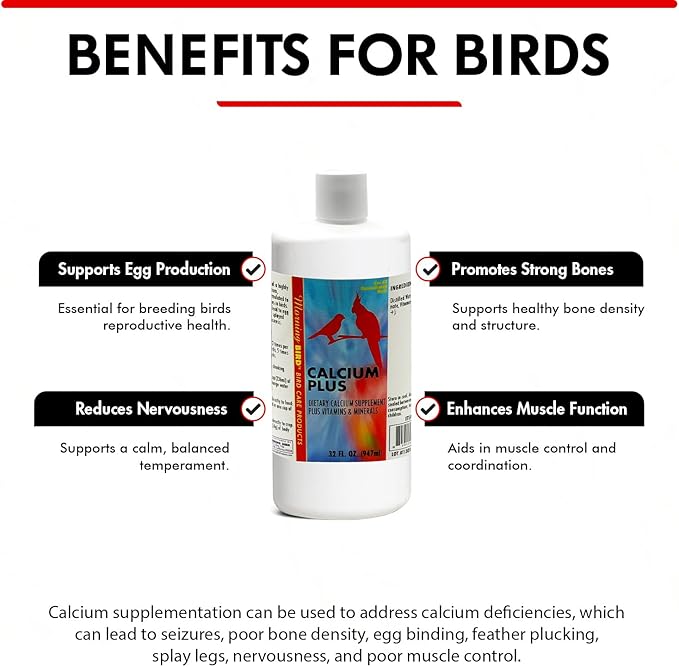 Morning Bird Calcium Plus Liquid Supplement for Birds - Liquid Calcium Formula with Magnesium and Vitamin D3 Calcium Supplement for All Birds – 32 Fl Oz