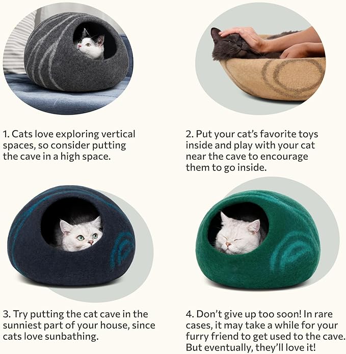 MEOWFIA Cat Cave – Premium Felt Cat Bed for Indoor Cats, Handmade 100% Merino Wool (Large, Dark Grey)