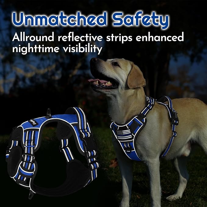 Eagloo Dog Harness Medium Sized, Easy Wearing with 3 Buckles, Adjustable No Pull Pet Harness with 2 Rings for Walking, No Chock Reflective Soft Padded Vest with Control Handle, Blue & Black, M