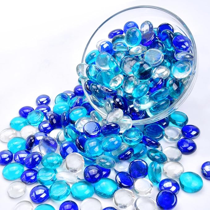 10LB Blue Mix Flat Glass Marbles for Vases, Mancala Stones Gemstone Beads Vase Filler Decorative Glass Pebbles for Fish Tank, DIY Crafts, Aquarium Decor Rocks