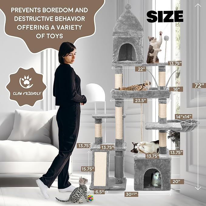 Large Cat Tree Tower for Large Cats, Cat Scratching Post, Self Grooming Post, Interactive Cat Toys, Oversized Perch and Basket, Heavy Duty 72", Light Grey