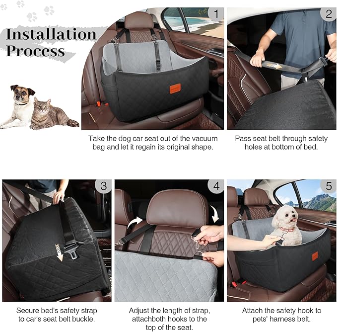 Dog Car Seat for Medium & Large Dogs Up to 55lbs, Memory Foam Cushion, Washable Cover, Safety Straps & Non-Slip Base(Black/Grey,Large)