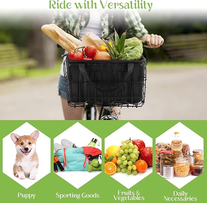 Aodaer Bike Basket with Removable Liner Bag Cargo Net Large Folding Bike Basket Quick Release Metal Ebike Basket Bicycle Storage Basket for Carrying Fruit & Grocery Pets Dogs