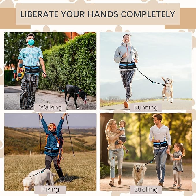 Hands-Free Waist Leash with Pouch for Two Dogs,Reflective Stitching, Dual Handle & Bungee Retractable Design – Ideal for Medium to Large Dogs (Blue) – Dog Walking Accessories