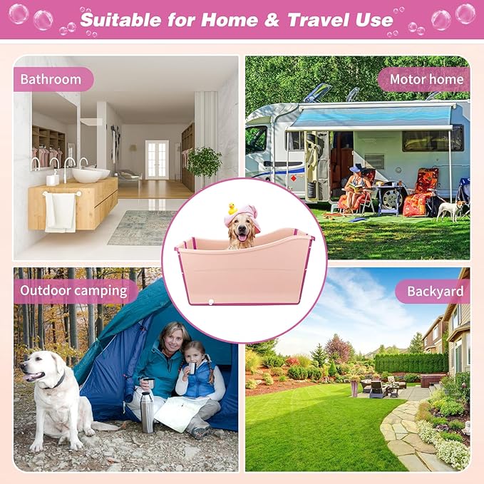YUEPET Extra Large Foldable Dog Bath Tub for Large Dogs, 49 Gal Portable Dog Bathtub Lightweight Hightened Pet Wash Station with Drain Plug for Big Dogs Indoor/Outdoor Bathing, Camping (Pink)