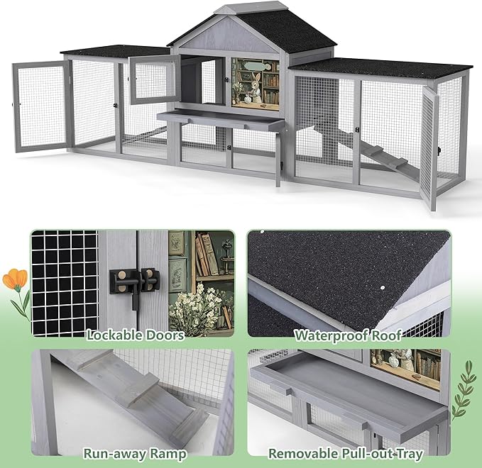 COZIWOW 82inches Extra Large Wood Rabbit Hutch Outdoor Easy to Assemble and Stable Bunny Cage Indoor with Cleaning Tray & Waterproof Roof for Small and Medium Bunny Rabbit Chick (Grey)