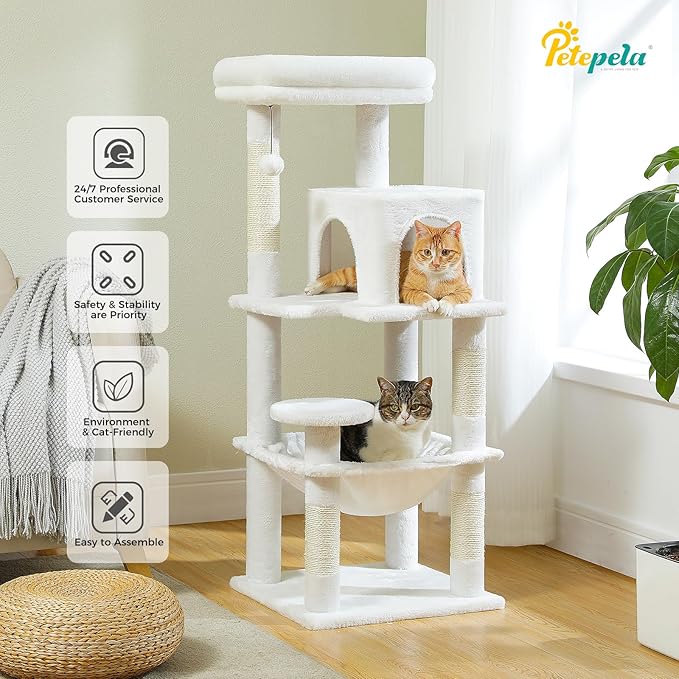 PETEPELA 45.7" Cat Tree for Large Cats, 5-Level Cat Tower for Indoor Cats with Large Hammock (17.3"x15.3"), Cat Condo with (18.5"x13") Big Top Perch & 4 Sisal Covered Scratching Post, White