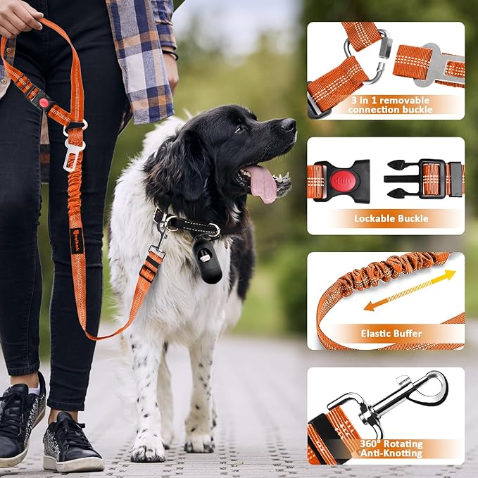 Removable Dog Seat Belt Harness for Car, 3 in 1 Pet Dog Car Seatbelt Leash, Retractable Restraint Secures to Vehicle Headrest & Adjustable Reflective Bungee Dog Seatbelt Tether,Orange