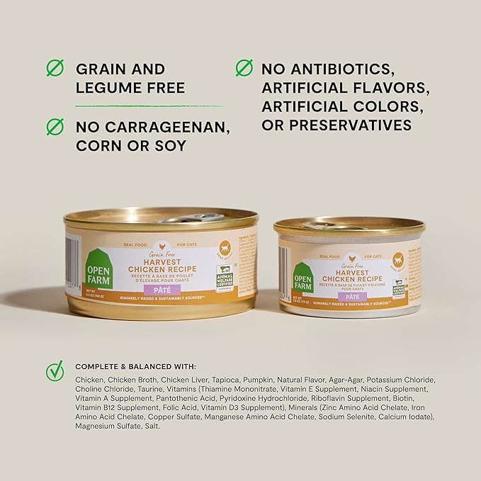 Open Farm Canned Cat Food, Paté for Complete & Balanced Nutrition, Grain-Free and Legume-Free Wet Cat Food, Harvest Chicken Recipe, 2.8oz Cans (Case of 18)