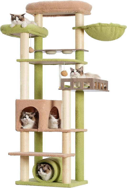 Cat Tree with Tunnel, Cat Tower for Indoor Cats, Tall Cactus Cat Tree Tower with Cat Condo, Food Station, Large Platform, Scratching Posts, Hammock, Green and Yellow GCT021GY