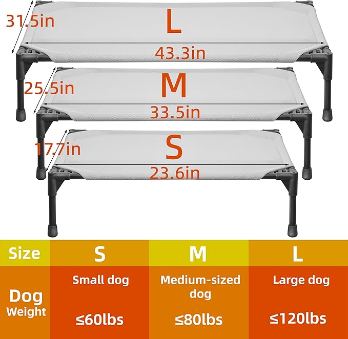 Soft Mesh Elevated Pet Bed for Large Medium Dogs Outdoor Resting Cot with Water-Resistant, Air-Permeable, Cooling and Anti-Skid Portable Dog Bed, Up to 80 lbs,33.3" L x 25.2" W x 6.9" H, Gray