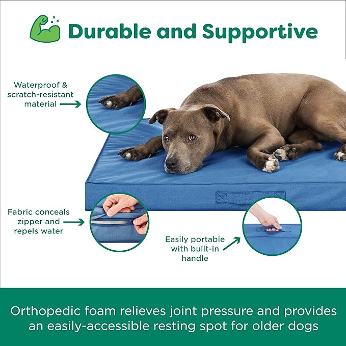 FurHaven Cooling Dog Bed – Large Foam Mattress for Joint Pain Relief, Waterproof Liner, Removable Washable Cover, Durable for Outdoor Use, Deluxe Grid Indoor/Outdoor Bed – Blue, Large