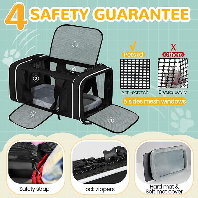 Petskd Length-Expandable Pet Carrier 18x11x11 Inches Delta American United Airline Approved, Soft Pet Travel Carrier for Small Cats Dogs with Zipper Locks and Anti-Scratch Mesh(Black)