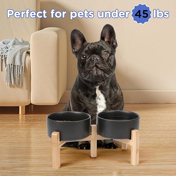 SPUNKYJUNKY Elevated Dog Bowls Ceramic, 6.1'' Dogs and Cat Food Water Bowls Raised with Non-Slip Bamboo Stand for Medium Sized Breed Microwave Dishwasher Safe - 28.7 OZ,Black
