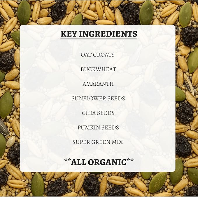 100% Organic Parakeet Food – Premium Bird Seed Mix with Oat Groats, Buckwheat, Amaranth, Super Veggies & Seeds – Reusable Tin + Stainless-Steel Scooper – Made in USA, Human Grade Ingredients (1lb)