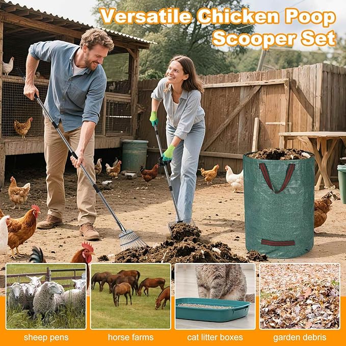 Chicken Poop Scooper Set - Adjustable Coop Scoop with Ergonomic Grip, Rake, Reusable Waste Bag & Gloves - Durable Sand Sifting Litter Shovel for Chicken Coops, Farms, Pet Waste
