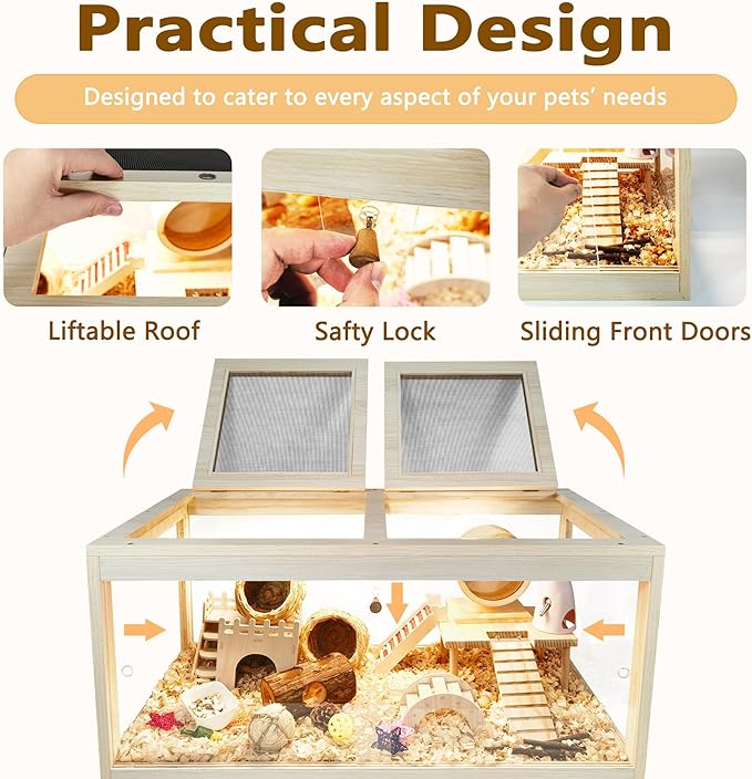 Hamster Cage Chewproof, Mice and Rat Habitat with Transparent Sides, Hamster House with Openable Mesh Top, Solid Built with Lock Design and Leg Stand, 40" Wide