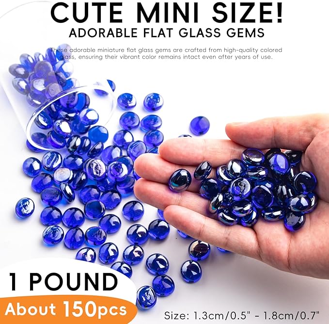 1 LB Blue Glass Marbles, Mini Flat Glass Beads~150 PCS for Vase Fillers, Floral Bottom Mancala Gems Pebbles Fish Tank Rocks for Table Aquarium,Home Decor Art Craft Supplies(0.5"~0.7")