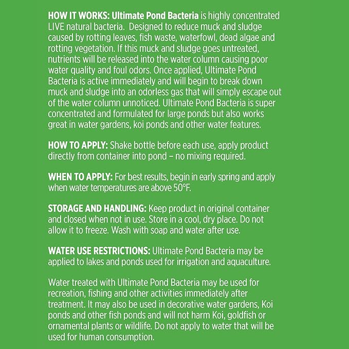 Ultimate Pond Bacteria, Outdoor Pond & Lake Natural Beneficial Bacteria Treatment, Aquatic Odor Reducer & Sludge Digester, Fish, Plant, & Livestock Safe, Easy Dosing Liquid, 1 Gallon Bottle