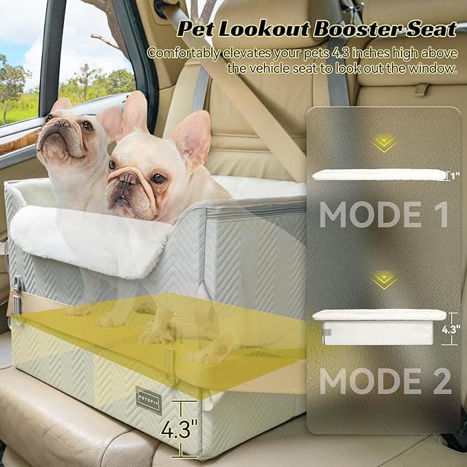 PETSFIT Dog Booster Car Seat, Waterproof PU Leather Car Seat for Dogs with Patented Safe Buckles, 2 Clip-On Safety Leashes, Suitable for 2 Small Dogs or a Medium Dog (Medium, Grey)