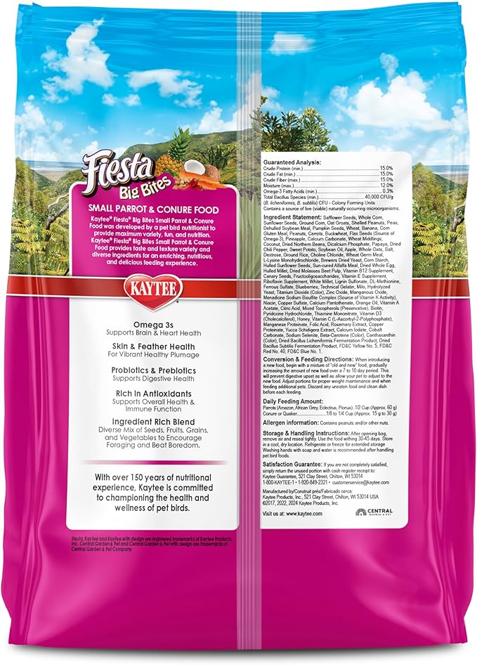 Kaytee Fiesta Big Bites Small Parrot & Conure Food, Nutritious and Fun Blend, Supports Skin, Feather, Digestion, Brain and Heart Health, 4 pounds