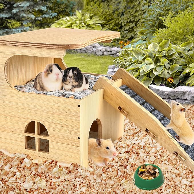 Upgraded Thickened Board Wooden Guinea Pig Castle Hideout - Spacious & Long-Lasting Small Pet Mansion with Stairs & Mat for Guinea Pigs, Chinchillas, Rats, Hamsters, and Bunnies