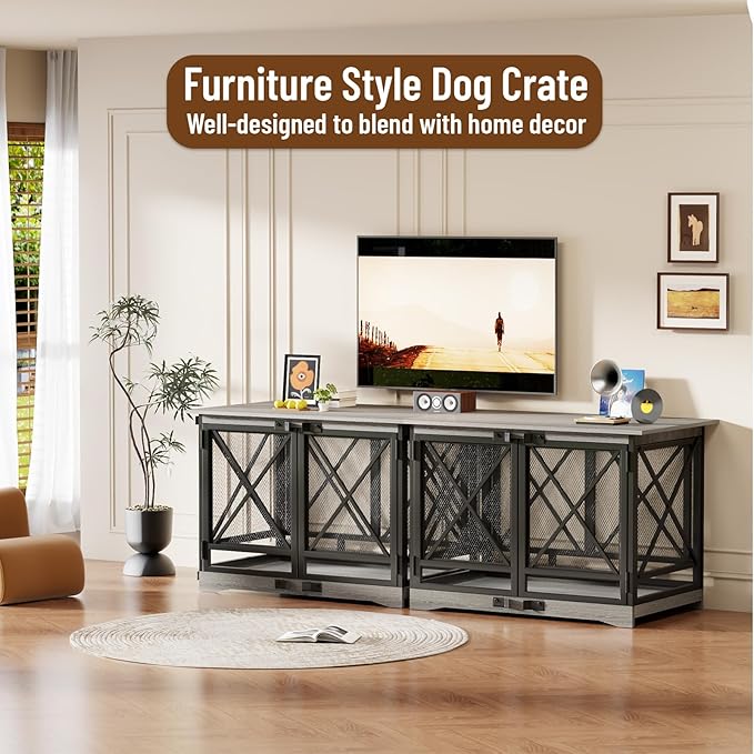 COZPAW Large Dog Crate Furniture - 48 inch Heavy Duty Dog Kennel Indoor for XLarge Breed with Double Doors, Wooden Dog Cage XL Modern Decorative End Table Pet House (Gray)