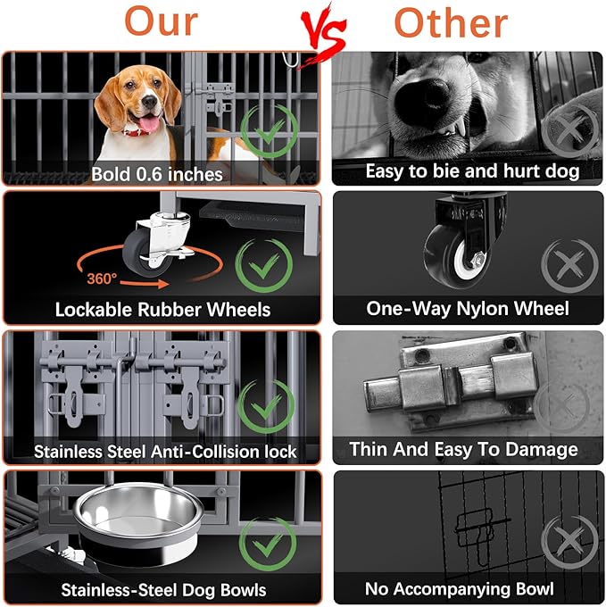 aboxoo 42/48 inch Heavy Duty Metal Dog Crate for 2 Dogs/Large Dog,All Metal Open Top,Dog Kennel Indoor with Wheels,Floor Grid, Tray, Divider and Feeding Bowl (Sliver)