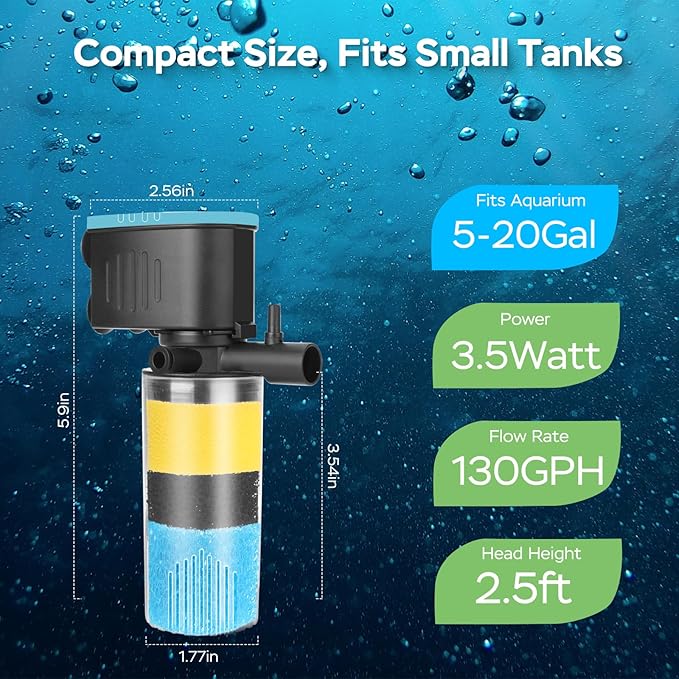 Aquarium Filter 3-Stage in-Tank Filter, Small Internal Fish Tank Filter, Submersible Pumps Filter for 5-20 Gallon Tanks, Turtle Tank Filter, with Dual Water Outlet & Aeration