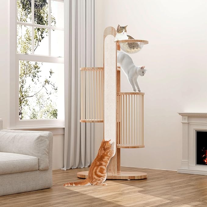 Modern Cat Tree Tower for Indoor Cats, 67" Tall Solid Wooden Cat Tower with Scratching Posts, 6 Level Natural Luxury Cat House with Big Bed, Washable Cushions Cat Furniture for Large Cats White Brown