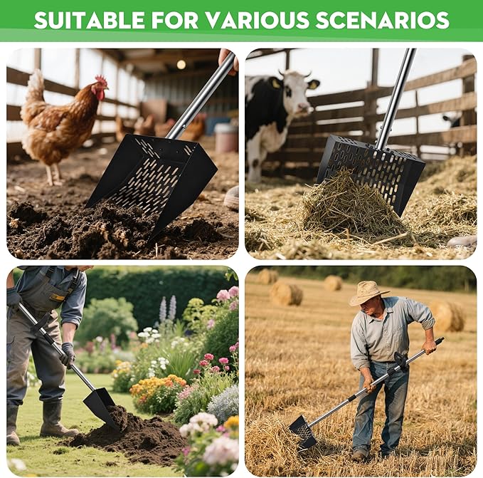 2-in-1 Chicken Poop Scooper & Rake - Adjustable Chicken Coop Scoop with Handle(39、53、67 in),Stainless Steel Shovel Head- Litter Scooper Sand & Sifting Shovel for Chicken Coops