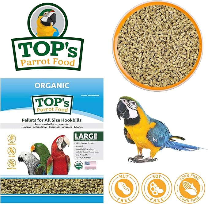 TOP's Parrot Food Pellets Hookbills, Small, Medium, Large Birds - Non-GMO, Peanut Soy & Corn Free, USDA Organic Certified - 1 lb / 453 g
