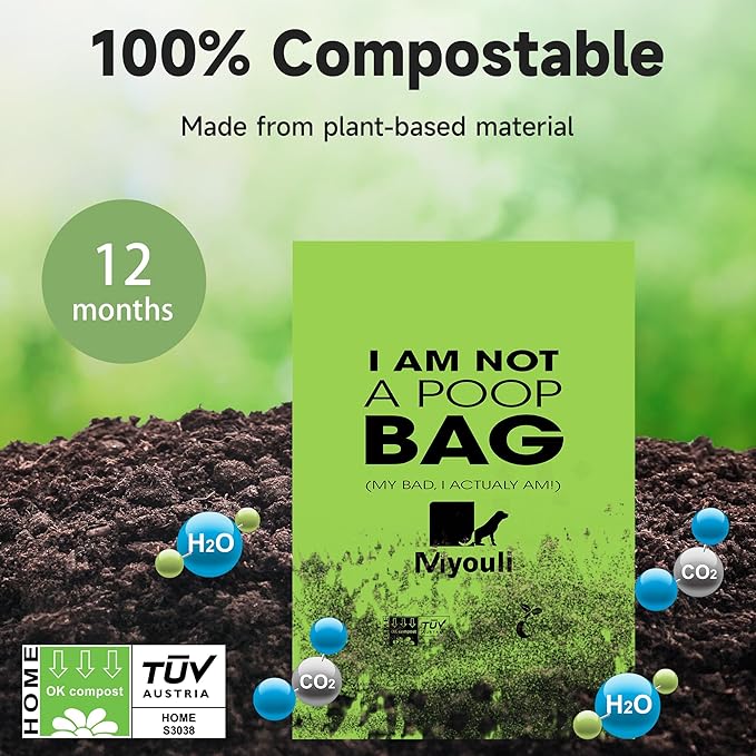 100% Certified Compostable Dog Poop Bag Rolls, 120 Bags (8 Rolls) Eco-Friendly Poop Bags for Dogs, Leak Proof Unscented Easy Open Poop Waste Bag(Green)