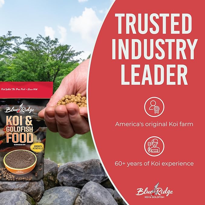 Blue Ridge Koi Fish Food 2lb - Koi Food 3/16” Large and Mini Blend Growth Formula, Goldfish Food, Premium Fish Food for Ponds, Ponds Fish Food, Floating Pond Pellets