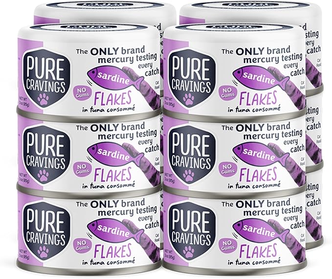 Sardine Flakes in Tuna Consommé, Canned Wet Cat Food Soup, 100% Mercury-Tested, Moist Can Fish, Grain-Free Protein, Non-GMO, 3oz, Pack of 12