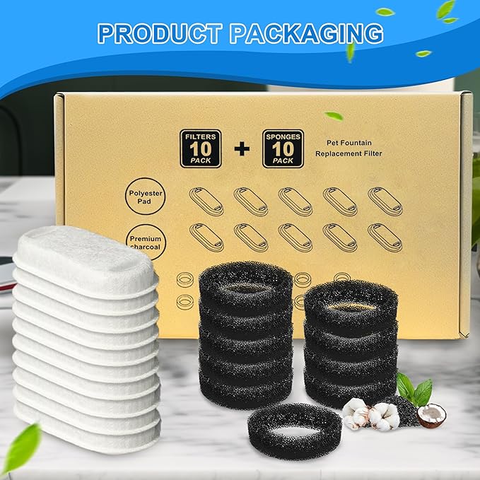 Cat Water Fountain Filters, 20Pack Cat Fountain Replacement Filters for Stainless Steel 108oz/3.2L& 67oz/2L adjustable Water Flow Pet Water Fountain,Dog Water Fountain Filters(10 Filters& 10 Sponges)