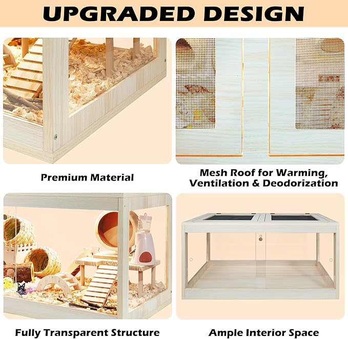 Hamster Cage Wooden, Mice and Rat Habitat, Hamster Cage with Openable Mesh Top, Clear Acrylic Solid Built with Lock Design, Oak 40"